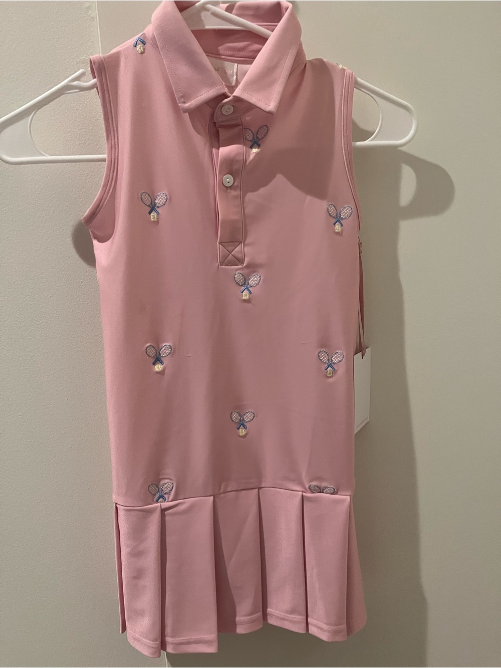 Kids' Pink Sleeveless Tennis Embroidered Pleated Dress